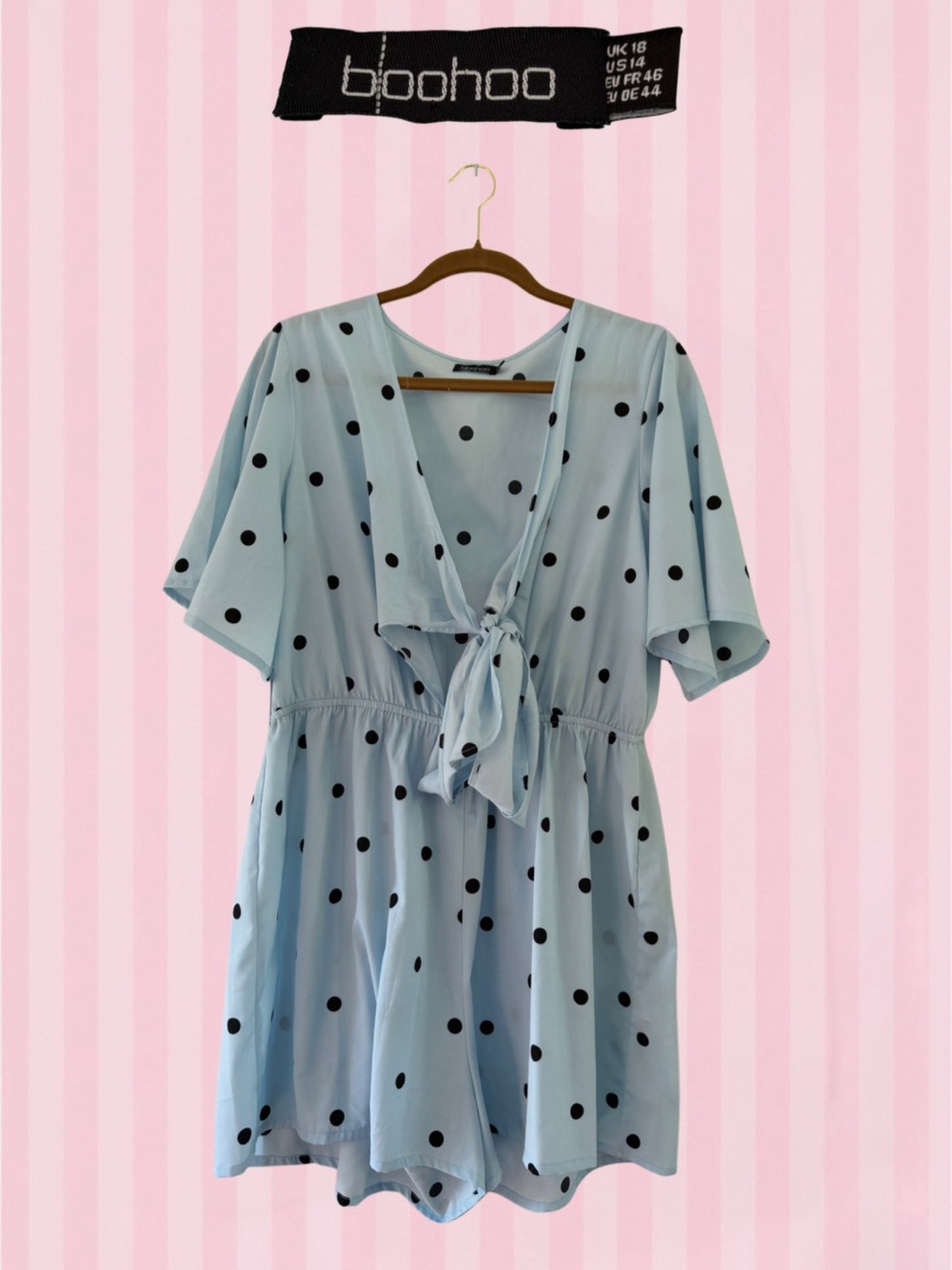 boohoo Light Blue Polka Dot Tie-Front Romper